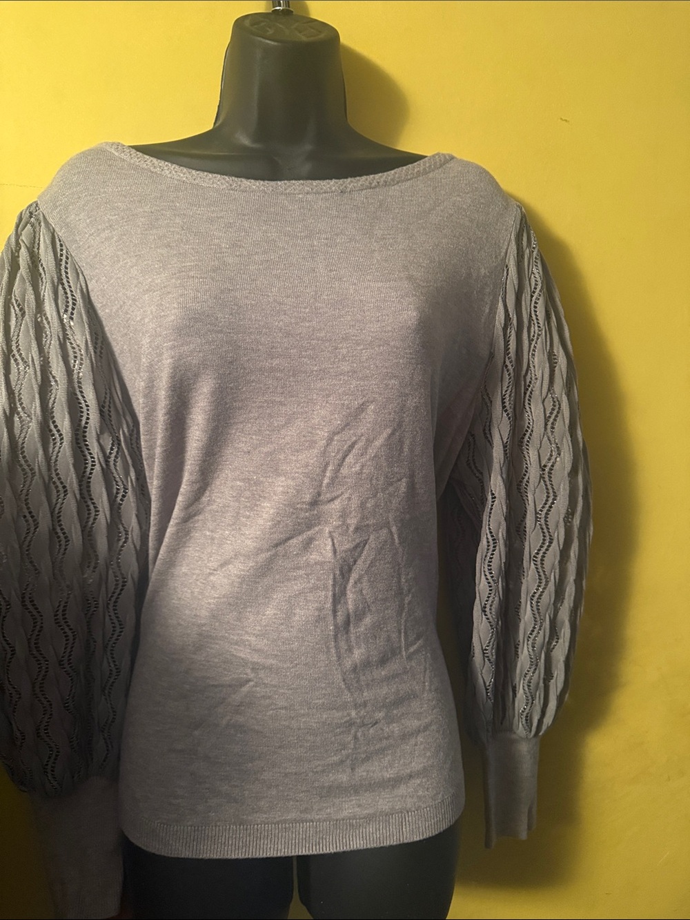 Large Siani Milano Light Gray Knit Sweater with Braided Cable Balloon Sleeves